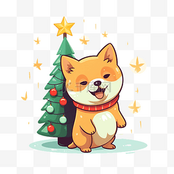圣诞宠物犬图片_可爱的柴犬从圣诞树上摘下星星