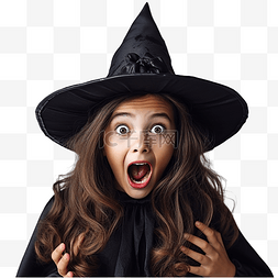 女巫女巫的房子图片_穿着女巫服装的快乐黑发女孩吓坏