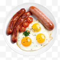 番茄图片_蓝色盘子里的鸡蛋和香肠