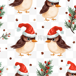 可爱的小鸟在树枝上戴着圣诞帽无