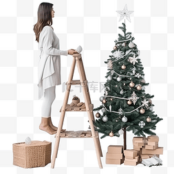 隔离观察室图片_圣诞树附近木梯上的女性腿和白色