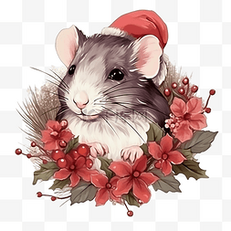 手绘老鼠肖像与圣诞花矢量