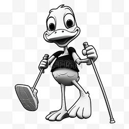 黑白人物插图图片_黑白鸭子卡通人物，拄着拐杖，腿