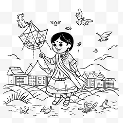 彩娃娃图片_可爱的娃娃彩页与一个女孩在鸟风