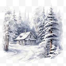 素描中图片_冬季森林素描中的房子