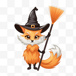 矢量南瓜扫帚卡通图片_拿着扫帚的狐狸的万圣节插图