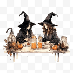 成年女人图片_万圣节前夕，三个女巫坐在桌边准