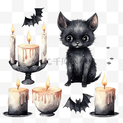 万圣节套装，蝙蝠黑猫和蜡烛水彩