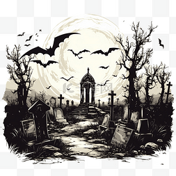 月亮的蝙蝠图片_万圣节之夜墓地的复古插图，墓碑