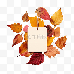 木框上的图片_彩色落叶上的空白标签秋季销售和