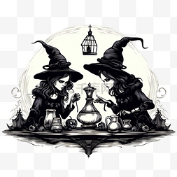 神秘女子图片_万圣节前夕，三个女巫坐在桌边准
