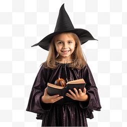 小女孩打扮成女巫，手里拿着一本