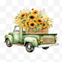 水彩颜料插画图片_水彩绿色复古卡车与向日葵快乐秋