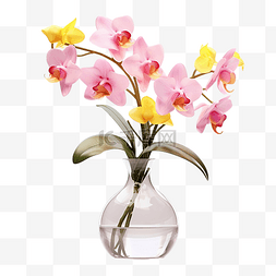 花卉裝飾图片_花瓶中的粉红色黄色兰花透明背景