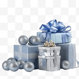 打开的玩具盒图片_经典蓝色球和灰色礼品盒的圣诞组
