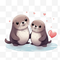 水拥抱图片_可爱的海豹动物恋爱情人节插画