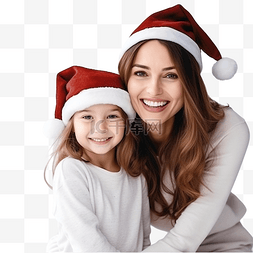 母女帽图片_戴着圣诞帽的年轻快乐的母女