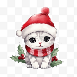 素描春景图片_圣诞快乐可爱的猫画与红色浆果帽