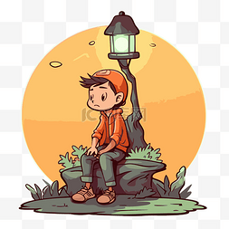 孤独的老者图片_孤独的剪贴画卡通男孩坐在岩石上
