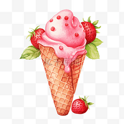粉色冰淇淋图片_水彩草莓冰淇淋