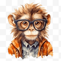 猴子卡通画图片_可爱水彩书呆子野生猴子动物戴眼