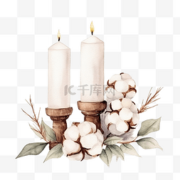 邀请函（请柬）图片_带有水彩蜡烛锥和棉花的圣诞组合