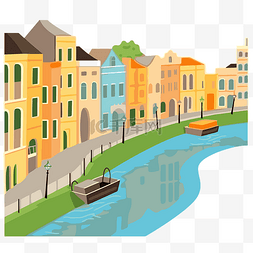 运河剪贴画老城背景与运河和船卡