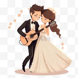 背景吉他图片_可爱卡通漂亮新娘新郎情侣弹吉他