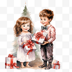 开心女孩男孩图片_圣诞树旁带着礼盒的快乐小女孩和