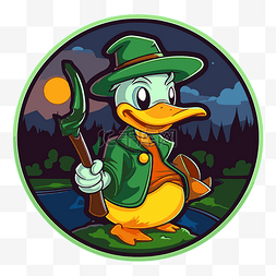 戴着绿色帽子和耙子的鸭子剪贴画