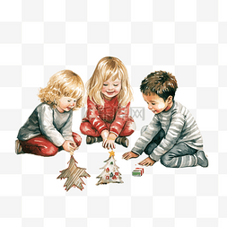 小孩子们在圣诞树前的地板上画画