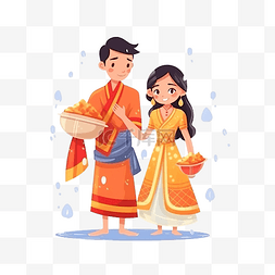 快乐的年轻夫妇身着传统服饰享受
