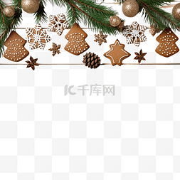 木板上的圣诞姜饼松枝和锥体