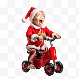 男孩骑玩具车图片_快乐的孩子穿着圣诞服装的孩子骑