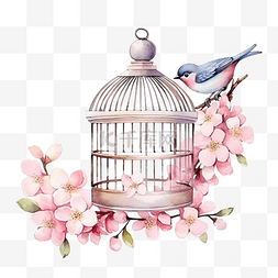 复古风格春季插画元素水彩鸟笼