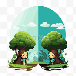 半剪贴画两个女孩站在地球和树旁