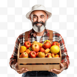 新鲜水果和蔬菜图片_农民拿着一个木箱，里面装着南瓜