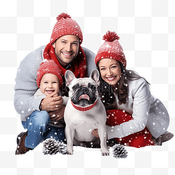 下雪家庭图片_幸福的家庭与宠物法国斗牛犬在下