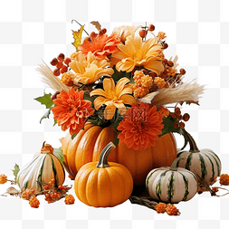 餐桌植物图片_感恩节餐桌装饰上橙色南瓜花束的