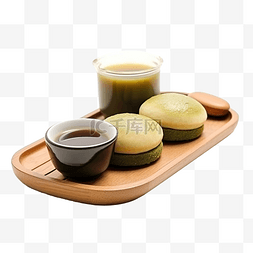 奶油烩饭图片_铜锣烧团子和抹茶配木制托盘