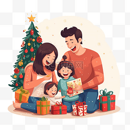 早上图片_圣诞节早上，幸福的家庭在枞树附
