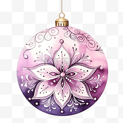 紫色圣诞球图片_圣诞球与曼陀罗饰品水彩插图粉红