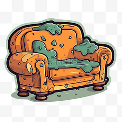 一个旧的卡通橙色沙发，上面有液