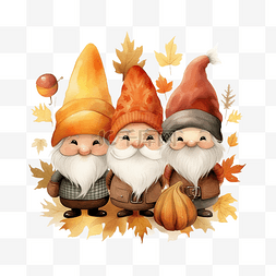 秋天卡通海报图片_可爱的三个感恩节小矮人拿着南瓜