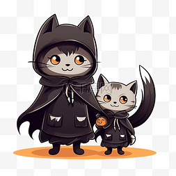 卡通可爱手绘万圣节黑猫和妈妈狐