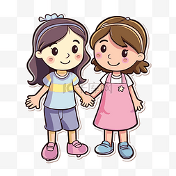 两个小女孩手牵着手的友谊插画 
