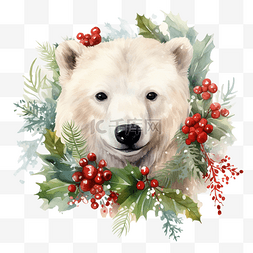 手绘北极熊与圣诞花的水彩肖像