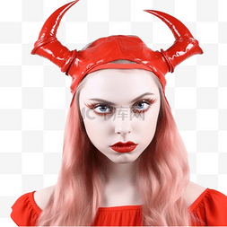 恶魔角图片_万圣节肖像红脸女孩头上有角
