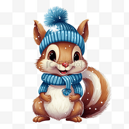 可爱的卡通圣诞松鼠穿着蓝色毛衣