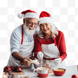 戴着圣诞红帽的老夫妇在厨房做饭